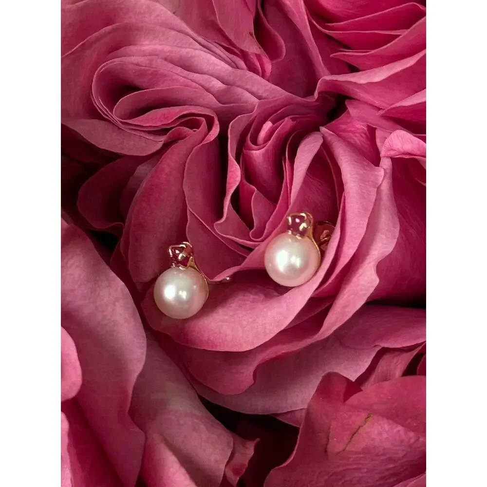 14K Yellow Gold Pearl & Ruby Stud Earrings